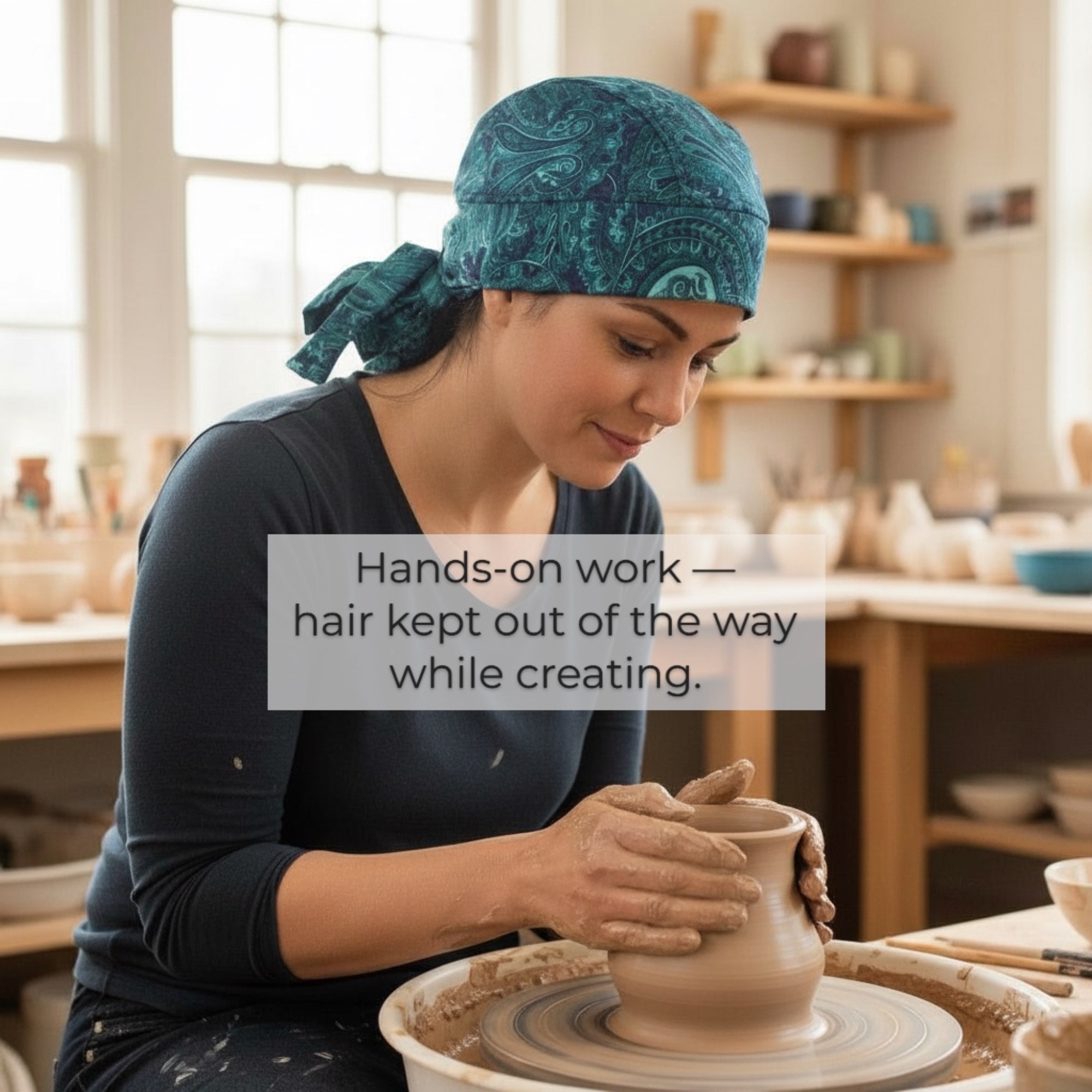 Hair bag do rag keeping long hair contained while working in a pottery studio