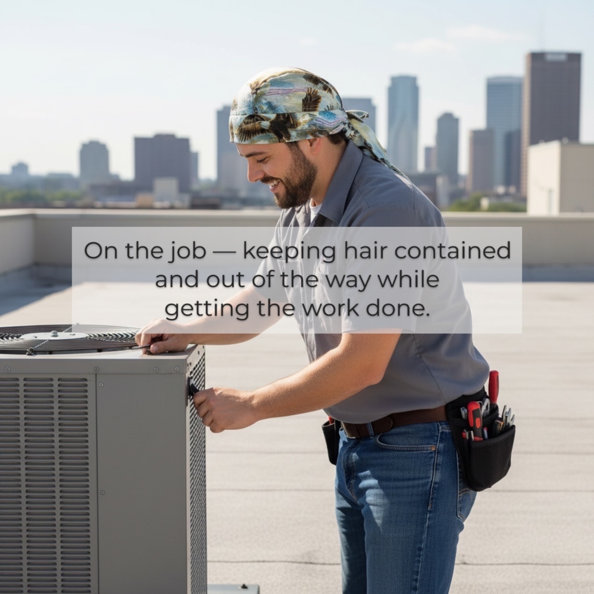 Hair bag do rag keeping long hair contained while working on rooftop HVAC equipment