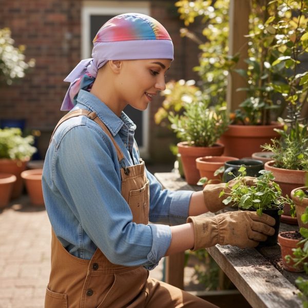 Hair bag do rag keeping long hair contained while gardening outdoors