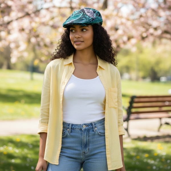 Ivy Flat Cap in Turquoise Gray Big Leaves-model