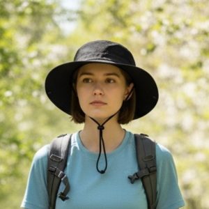 This hat is cotton. Change the halloween print to solid black. Show hat on model on a warm spring day. Show model attired appropriately. She will be hiking.