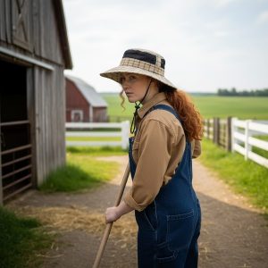 Boonie Hat in Navy Windowpane Plaid on Tan - model