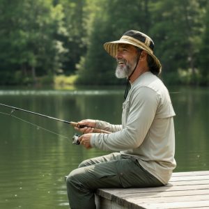 Boonie Hat in Tan with Dotted Waves of Black Dots - model - fixed