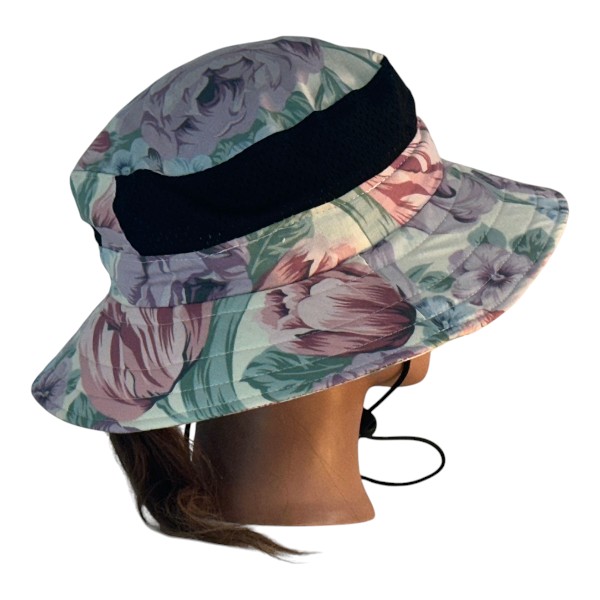 Boonie Hat in Lavender Pink Light Blue Rose Tulip Flowers on Ivory with Mesh and Traditional Back - back right