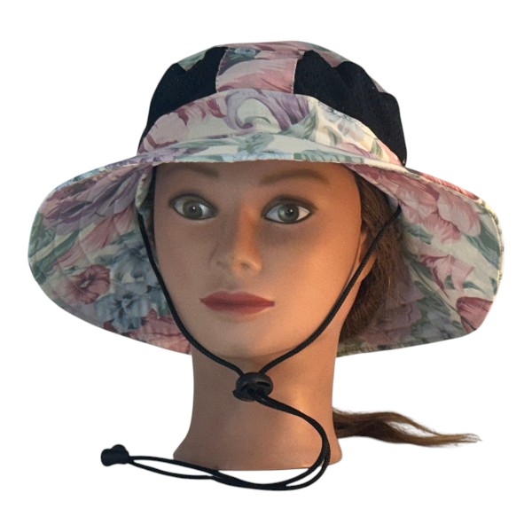 Boonie Hat in Lavender Pink Light Blue Rose Tulip Flowers on Ivory with Mesh and Traditional Back - front