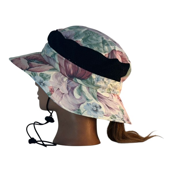 Boonie Hat in Lavender Pink Light Blue Rose Tulip Flowers on Ivory with Mesh and Traditional Back - left