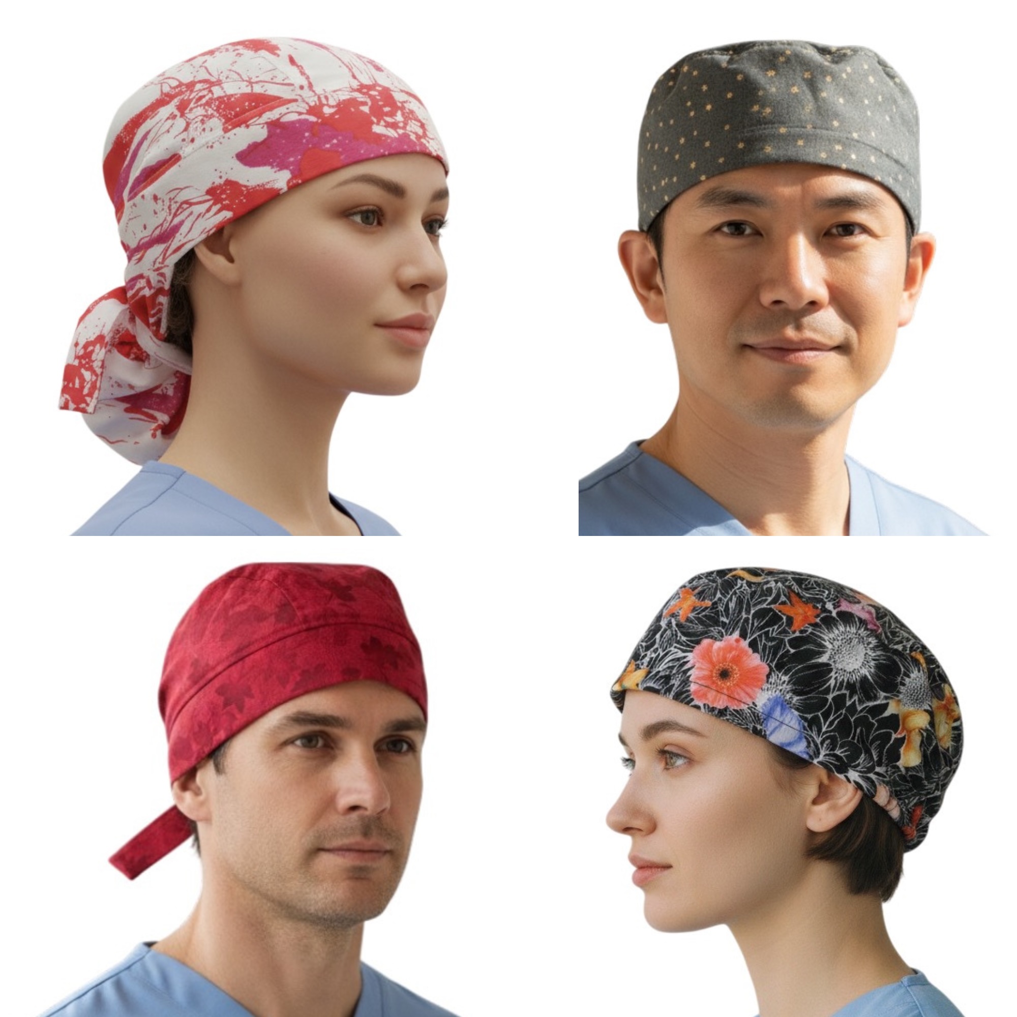 Composite image showing four scrub cap styles including Hair Bag® scrub cap, welding cap with bill removed, do rag scrub cap style, and skull cap style for healthcare and workwear use.