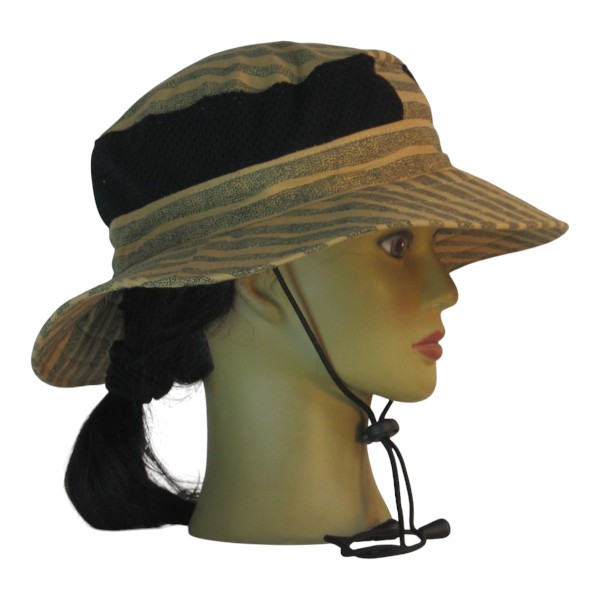 Boonie Hat in Tan with Dotted Waves of Black Dots with Mesh and Traditional Back - left