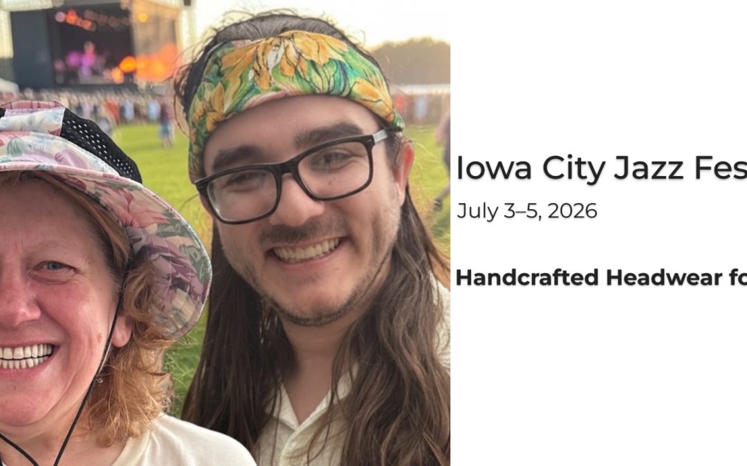 Two people wearing handcrafted Rawls-Riley Creations headwear while enjoying an outdoor summer music festival.