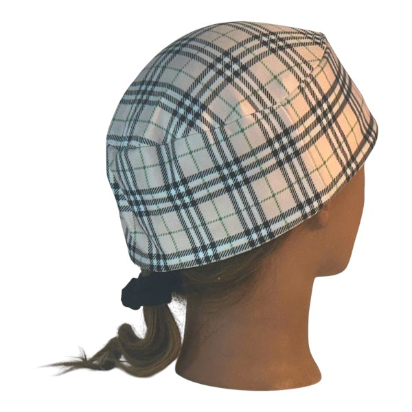Skull Cap in Black White Green Plaid on Tan Plaid - back right