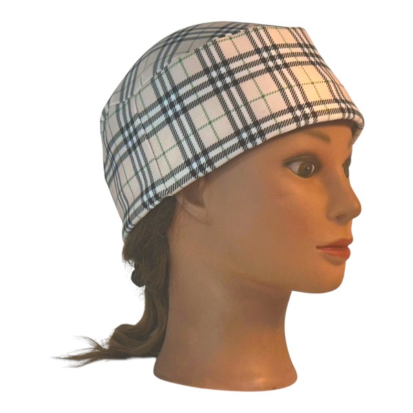 Skull Cap in Black White Green Plaid on Tan Plaid - right