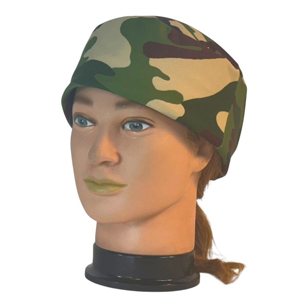 Skull Cap in Green Brown Navy Tan Camo - front left