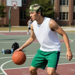 Skull Cap in Green Brown Navy Tan Camo - model