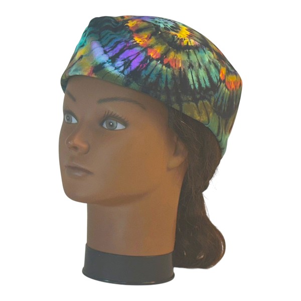Skull Cap in Turquoise Olive Purple Yellow Rust Black Tie Dye - left