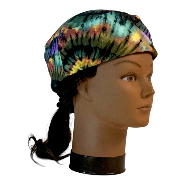 Skull Cap in Turquoise Olive Purple Yellow Rust Black Tie Dye - right