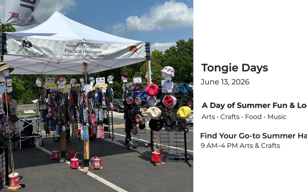 Rawls-Riley Creations headwear display at an outdoor summer festival featuring handcrafted hats, caps, and headwear.