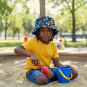 Bucket Hat in Bugs Dragonflies Snails on Motley Blue - model