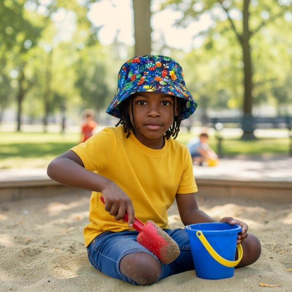 Bucket Hat in Bugs Dragonflies Snails on Motley Blue - model