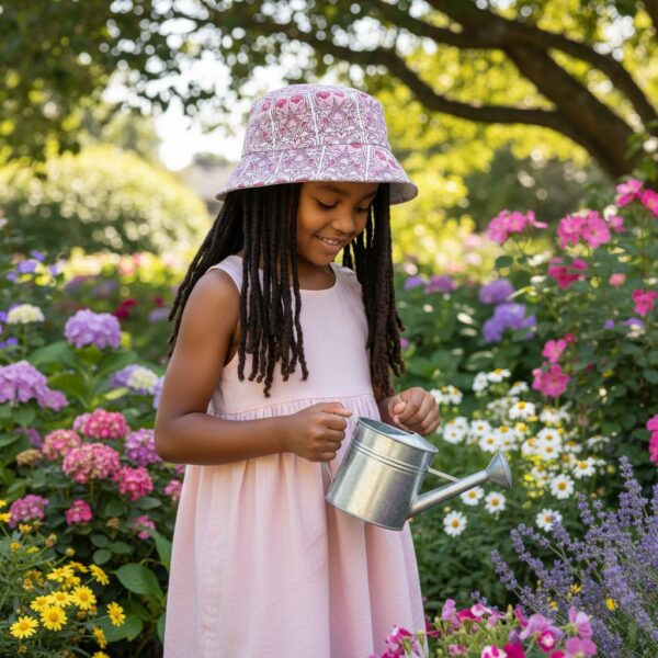 Bucket Hat in Perky Pink Posy Patch Lower White - model