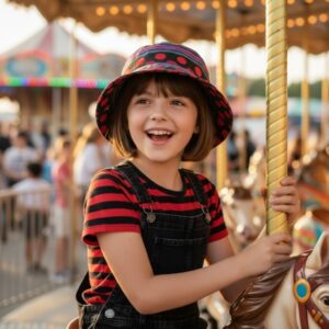 Bucket Hat in Red Polka Dots Green Purple Yellow Stripe - front model