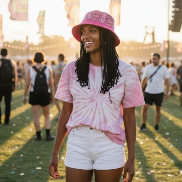 Bucket Hat in Very Pink on Pink Stripes with Flowers Celtic Designs Brim Pink- model