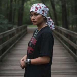 Hair Bag in Black Widow Spiders and Red Roses - model