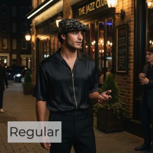 Ivy-Flat-Cap-Music-Notes-Staff-in-Tan-with-Gold-on-Black-model - regular