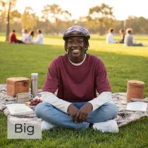 Ivy-Flat-Cap-in-Blue-Red-Tan-Banded-Plaid-with-Tan-Square-Shirting-model - big