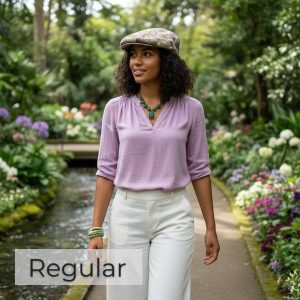 Ivy-Flat-Cap-in-Purple-Green-Tan-Kaleidoscope-Swirl-model - regular