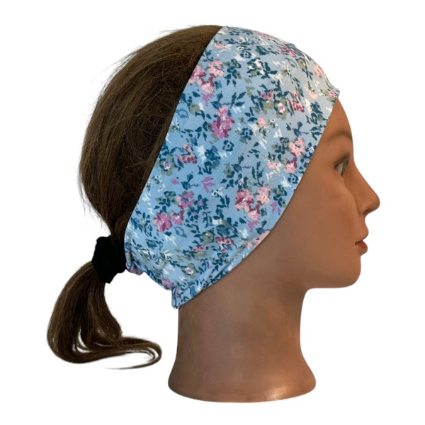 Pink Turquoise Flowers on Light Blue Knit - right