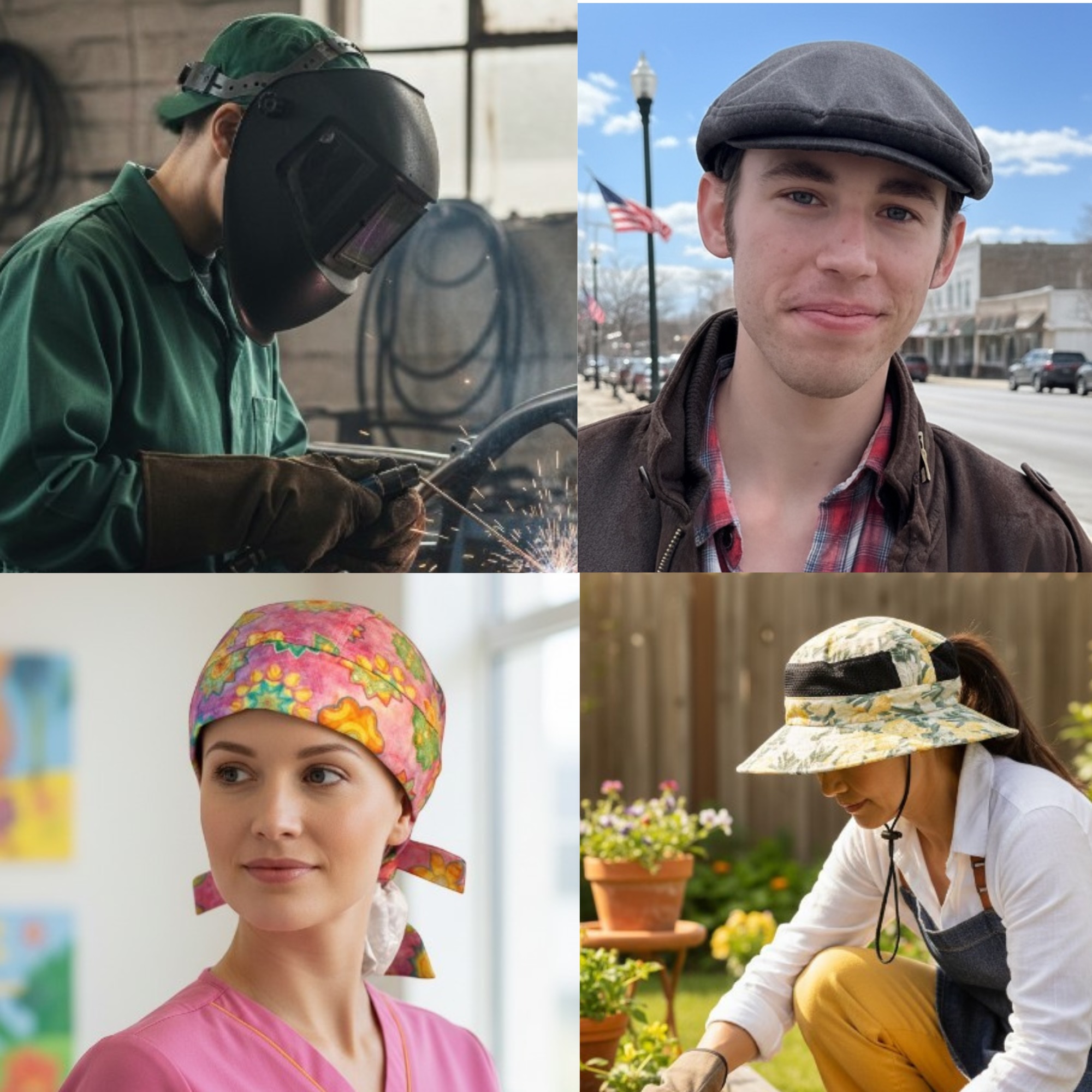 Collage showing handcrafted headwear for real life: welding cap, ivy flat cap, healthcare scrub cap, and outdoor gardening boonie hat.