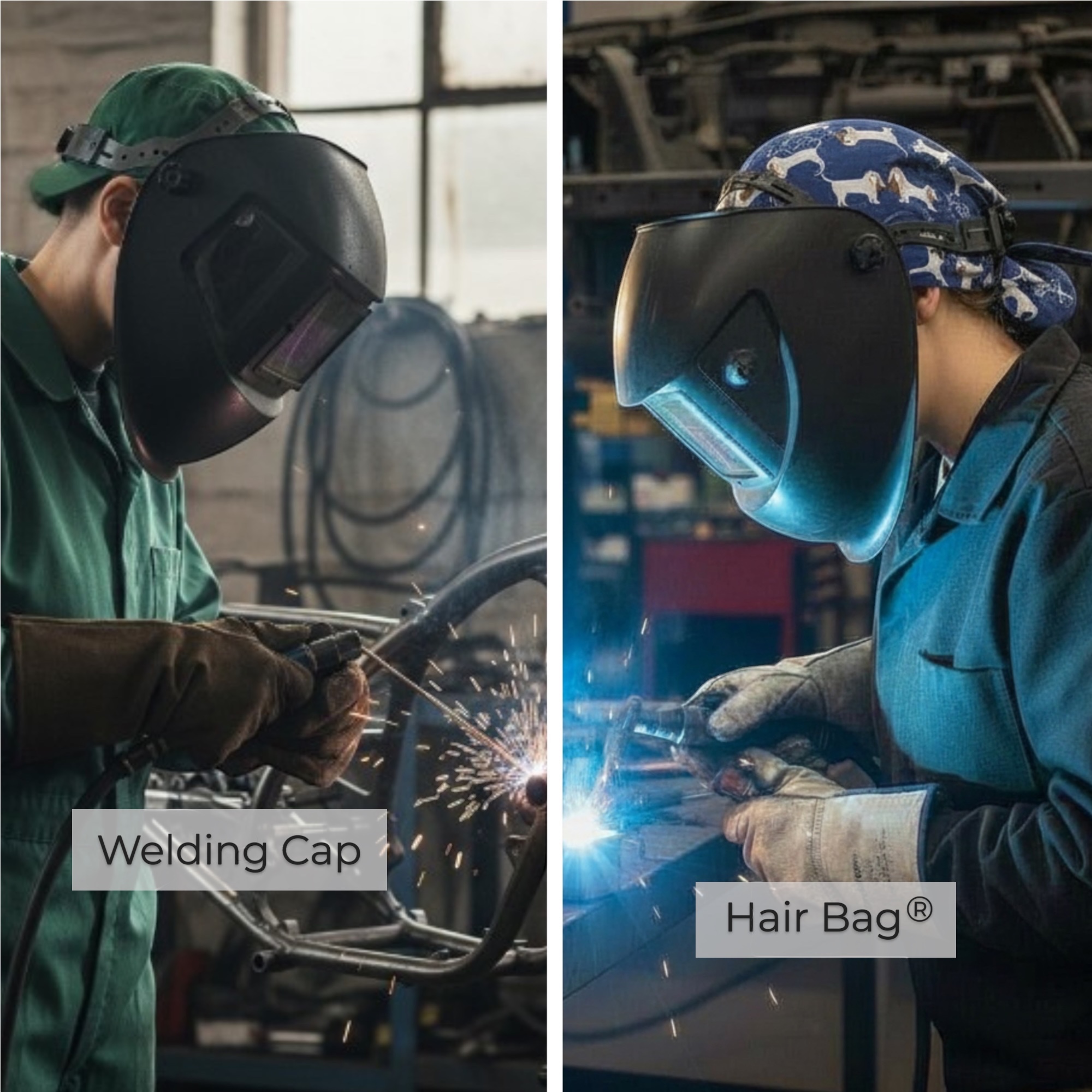 Welder wearing a traditional welding cap beside a welder wearing a Hair Bag® for long hair protection, showing two handcrafted welding headwear options.